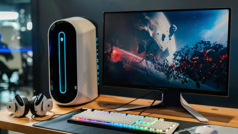 Gaming monitor op een bureau met een kleurrijk spel in beeld